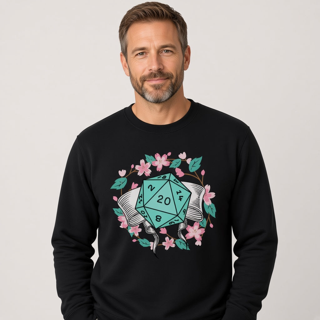 Floral D20 Dice Sweatshirt with Cherry Blossoms for RPG