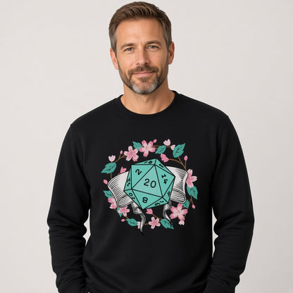 Floral D20 Dice Sweatshirt with Cherry Blossoms for RPG