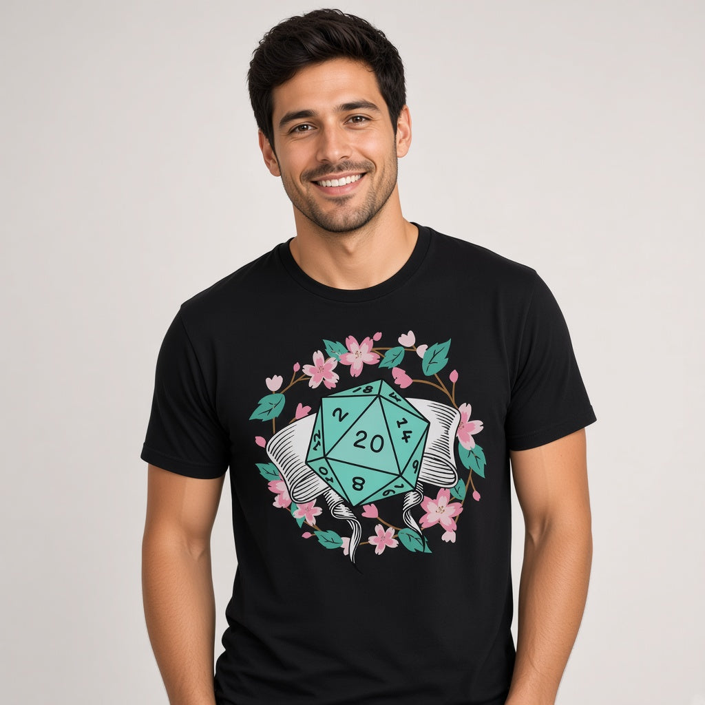 Floral D20 Dice T-Shirt with Cherry Blossoms for RPG