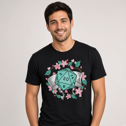 Floral D20 Dice T-Shirt with Cherry Blossoms for RPG