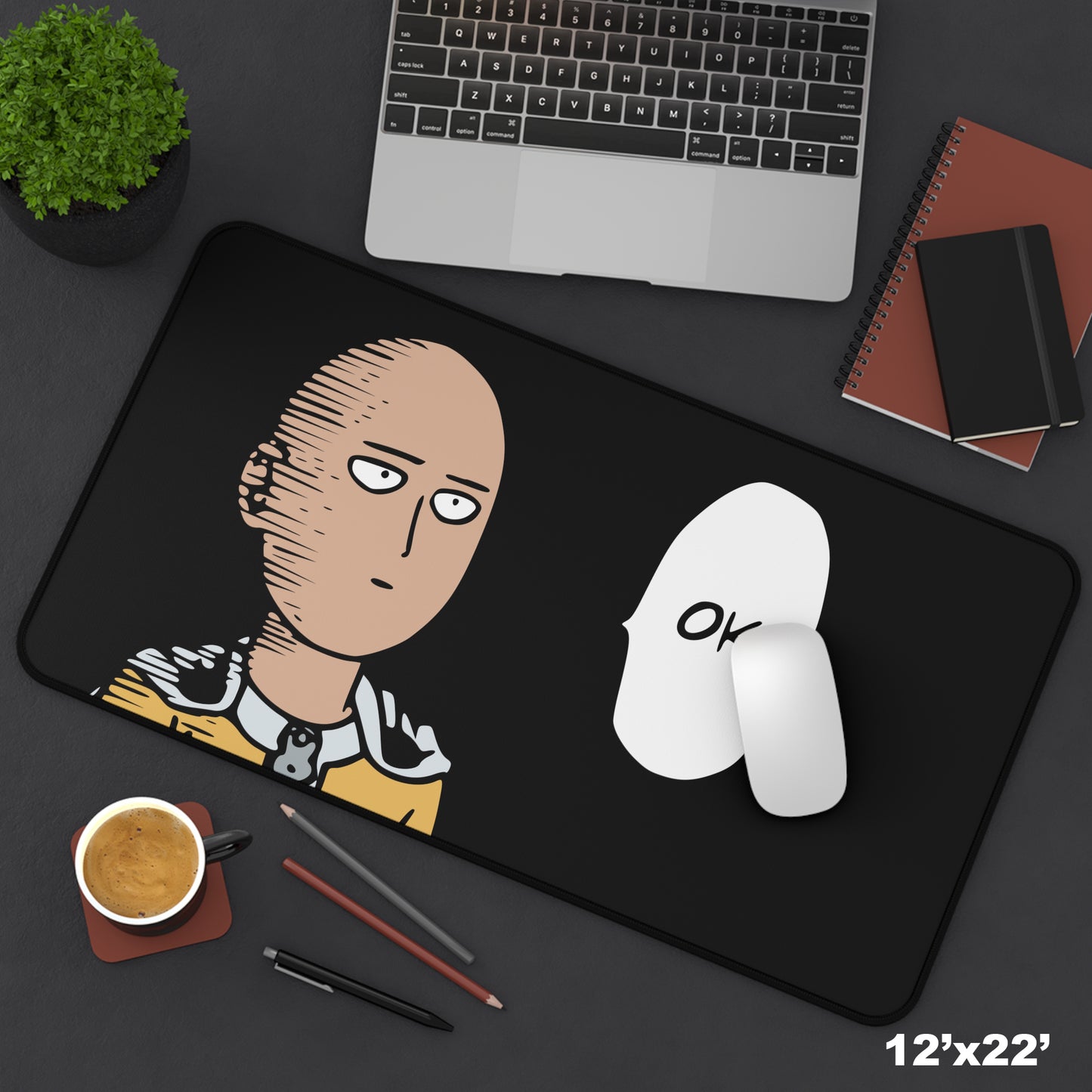 Ok black Desk Mat, Gaming keyboard matt, Anime one punch man mousepad large, XXL extended deskpad mouse pad - Bold Print