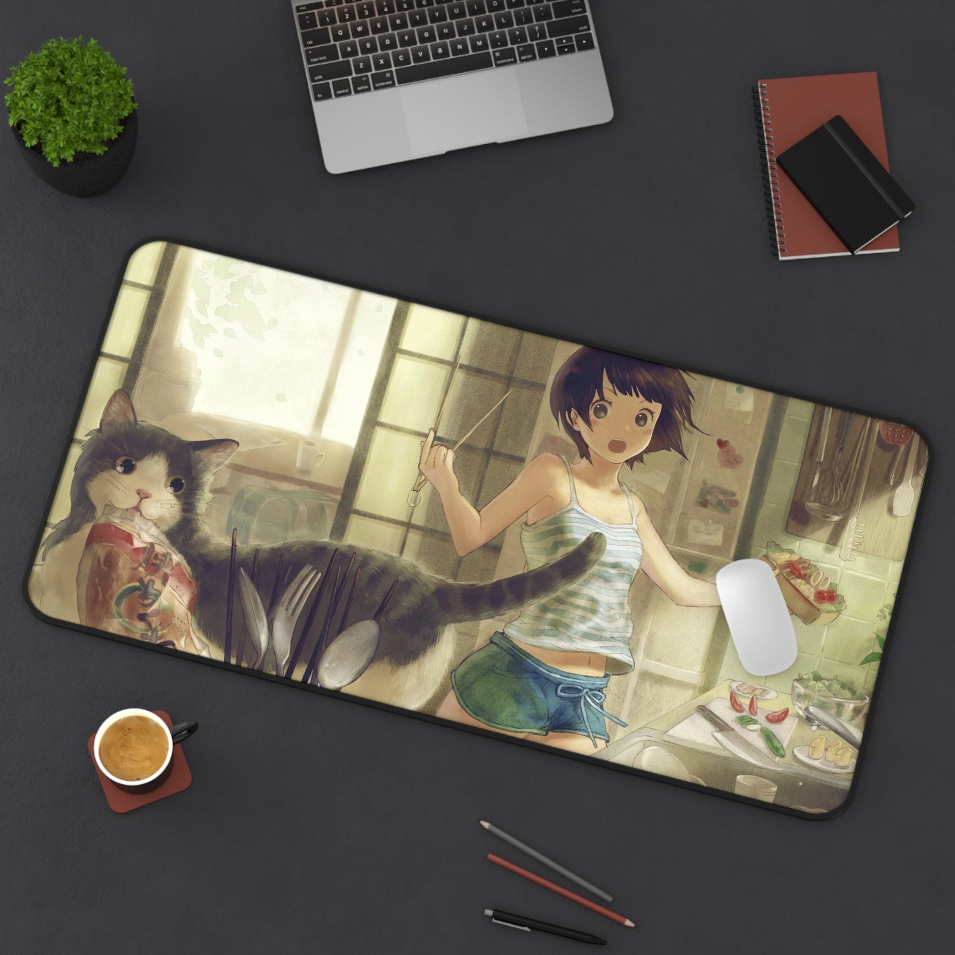 Anime girl and cat Desk Mat, deskmat xl, Gaming keyboard matt, mousepad large, XXL extended deskpad mouse pad, large gaming mousepad - Bolt Print