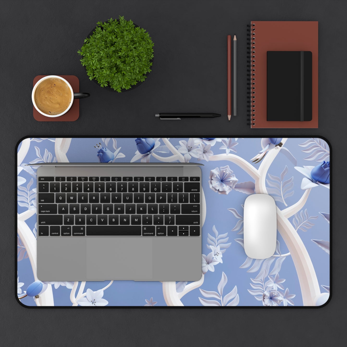 Blue flowers Desk Mat, Gaming keyboard matt, mousepad large, XXL extended deskpad mouse pad