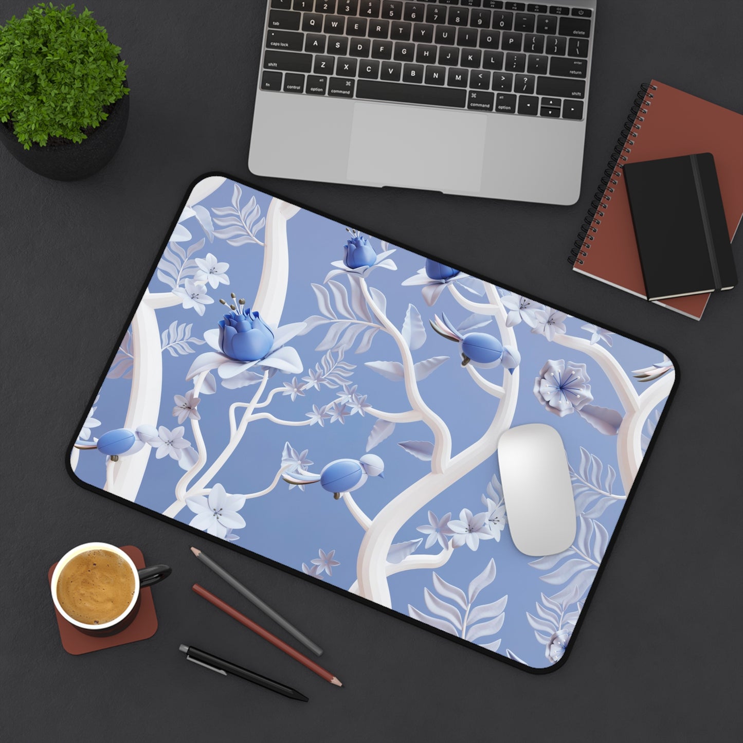 Blue flowers Desk Mat, Gaming keyboard matt, mousepad large, XXL extended deskpad mouse pad