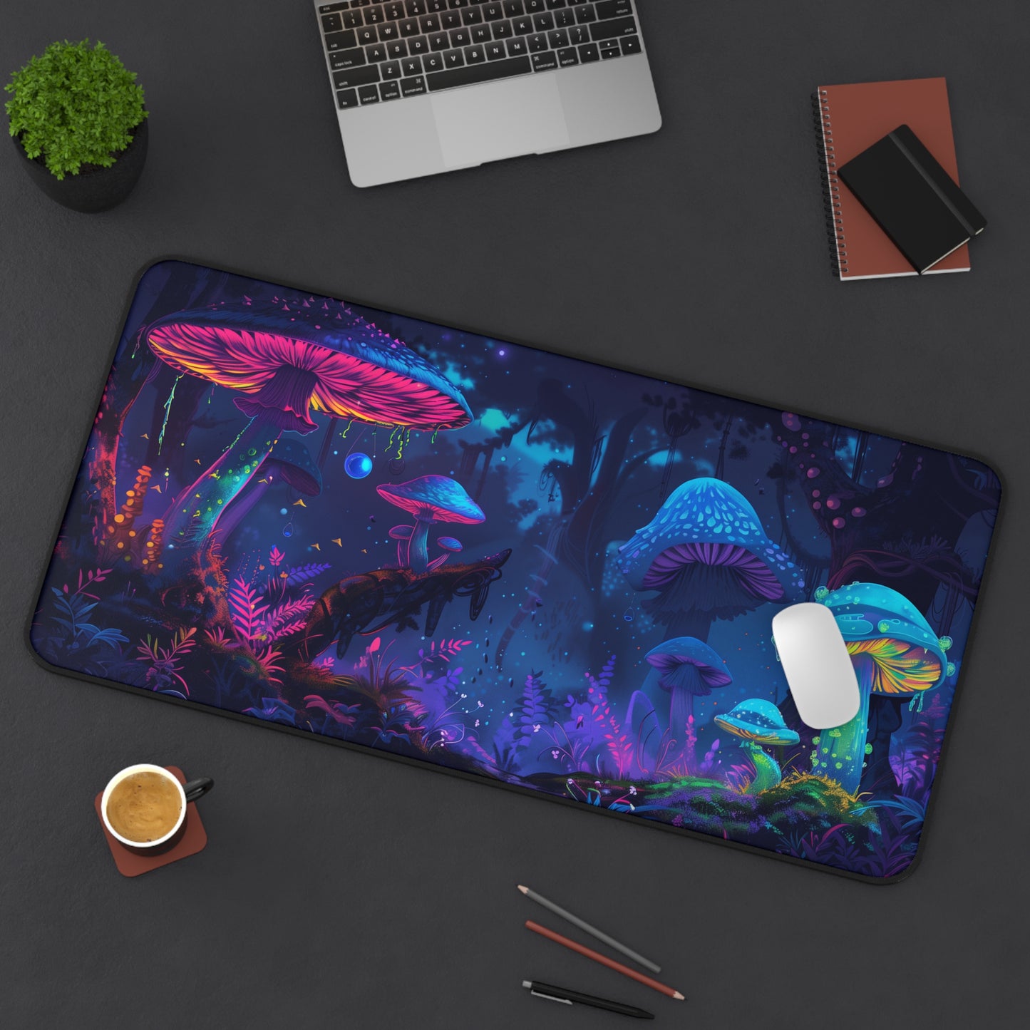 neon mushrooms Desk Mat, Psychedelic gaming mouse mat, XXL deskpad mouse pad