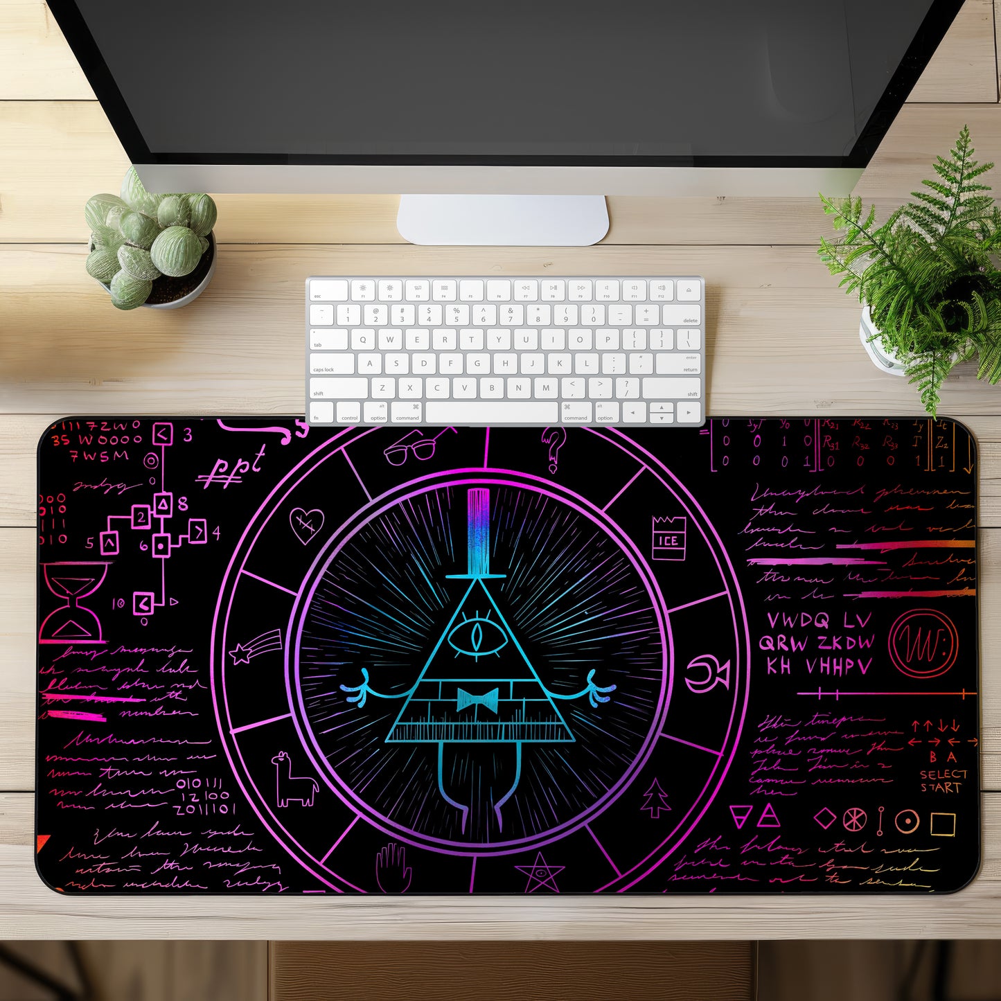 Neon Bill Cipher Desk Mat, Gravity Falls gaming mouse mat