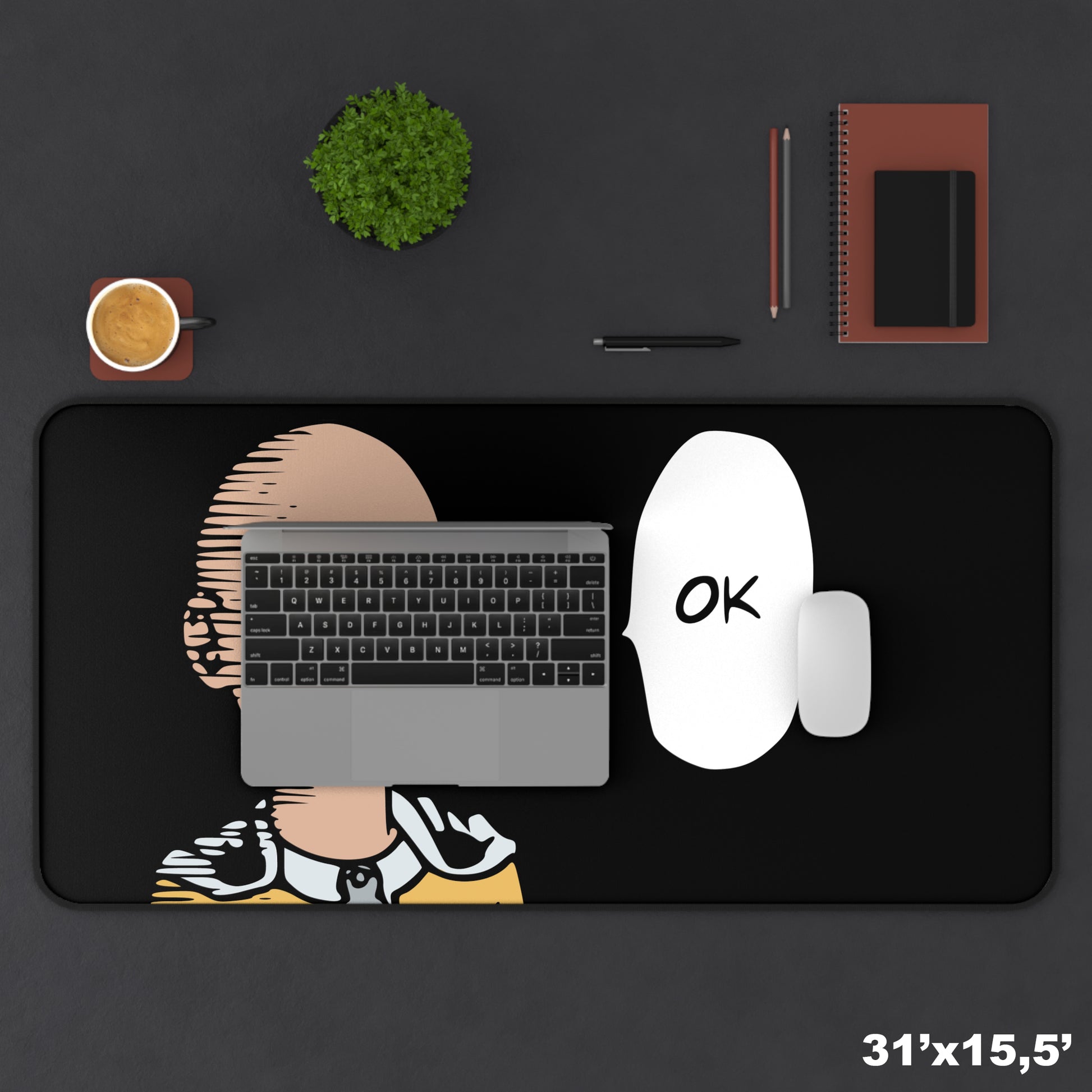 Ok black Desk Mat, Gaming keyboard matt, Anime one punch man mousepad large, XXL extended deskpad mouse pad - Bold Print