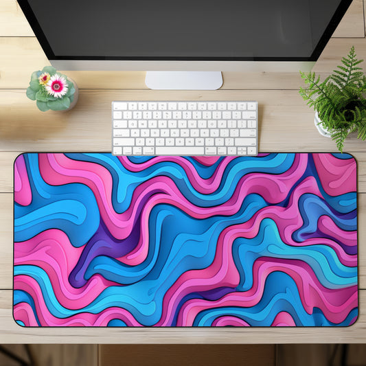 Abstract Pink Blue Waves Desk Mat