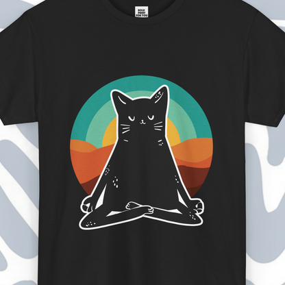 Black Cat in Yoga Position Retro T-Shirt, Funny Unisex tee