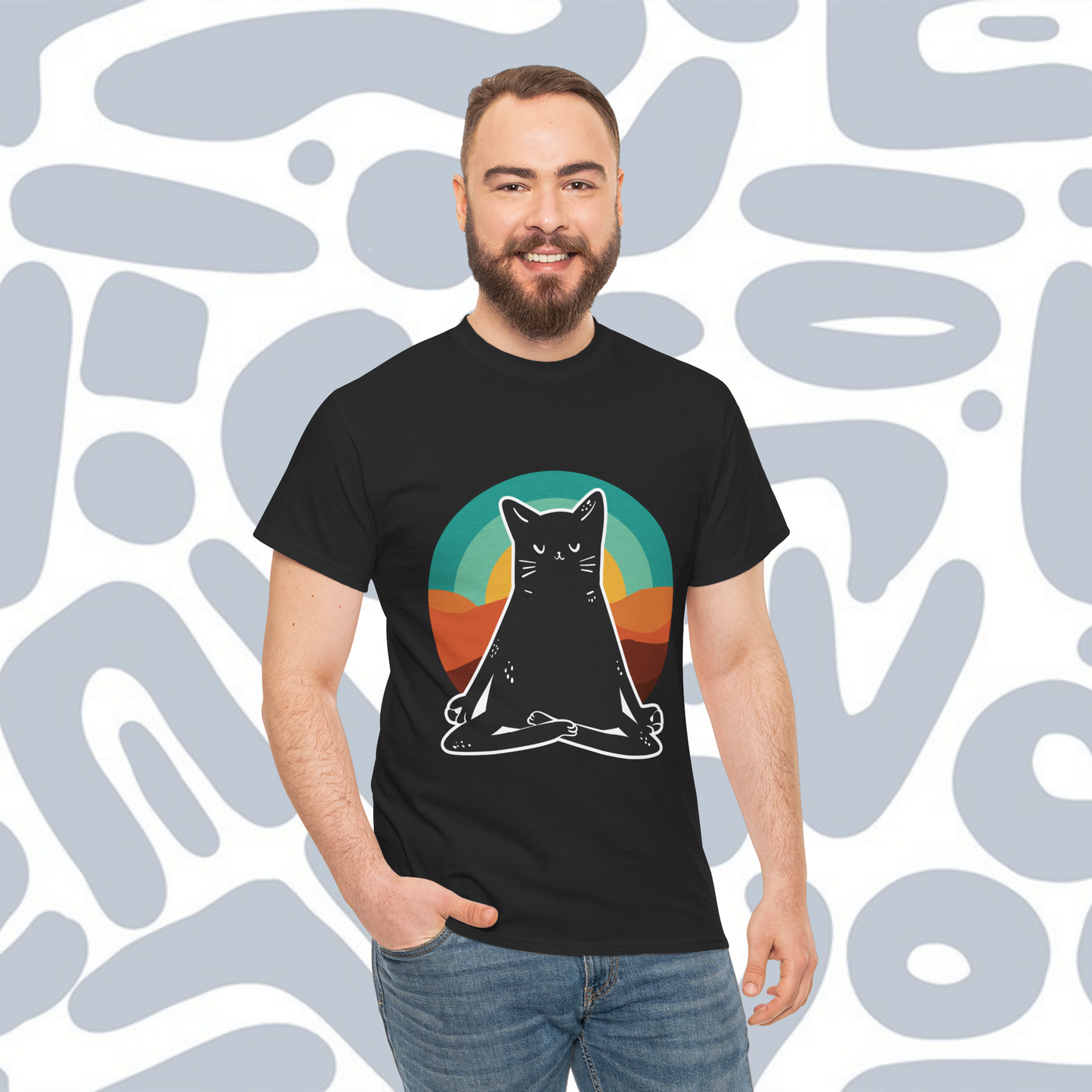 Black Cat in Yoga Position Retro T-Shirt, Funny Unisex tee