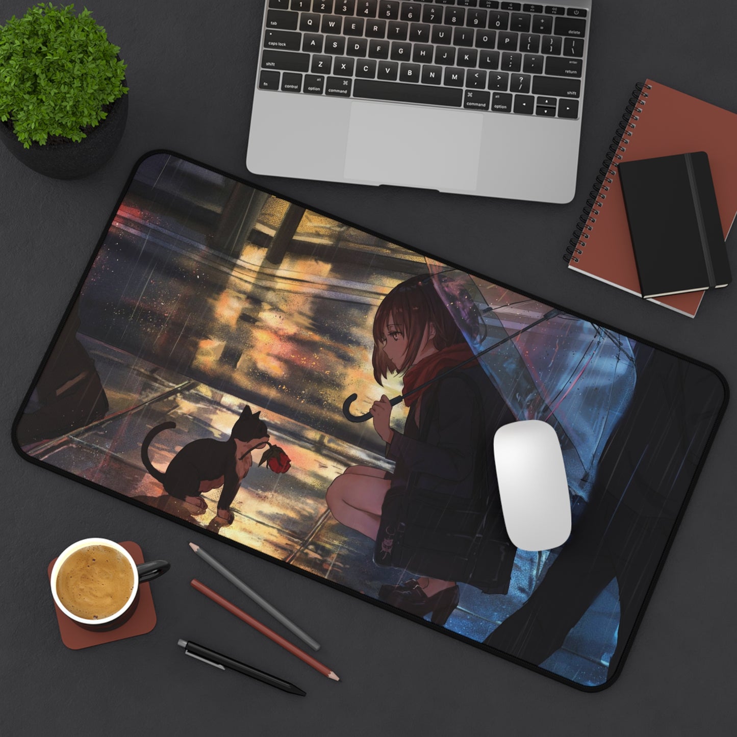 Anime girl with umbrella and cat Desk Mat, deskmat xl, Gaming keyboard matt, mousepad large, XXL extended deskpad mouse pad, large gaming mousepad - Bolt Print