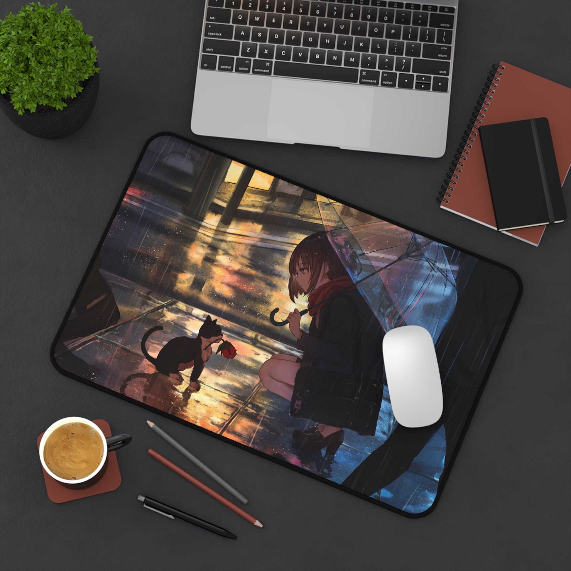 Anime girl with umbrella and cat Desk Mat, deskmat xl, Gaming keyboard matt, mousepad large, XXL extended deskpad mouse pad, large gaming mousepad - Bolt Print