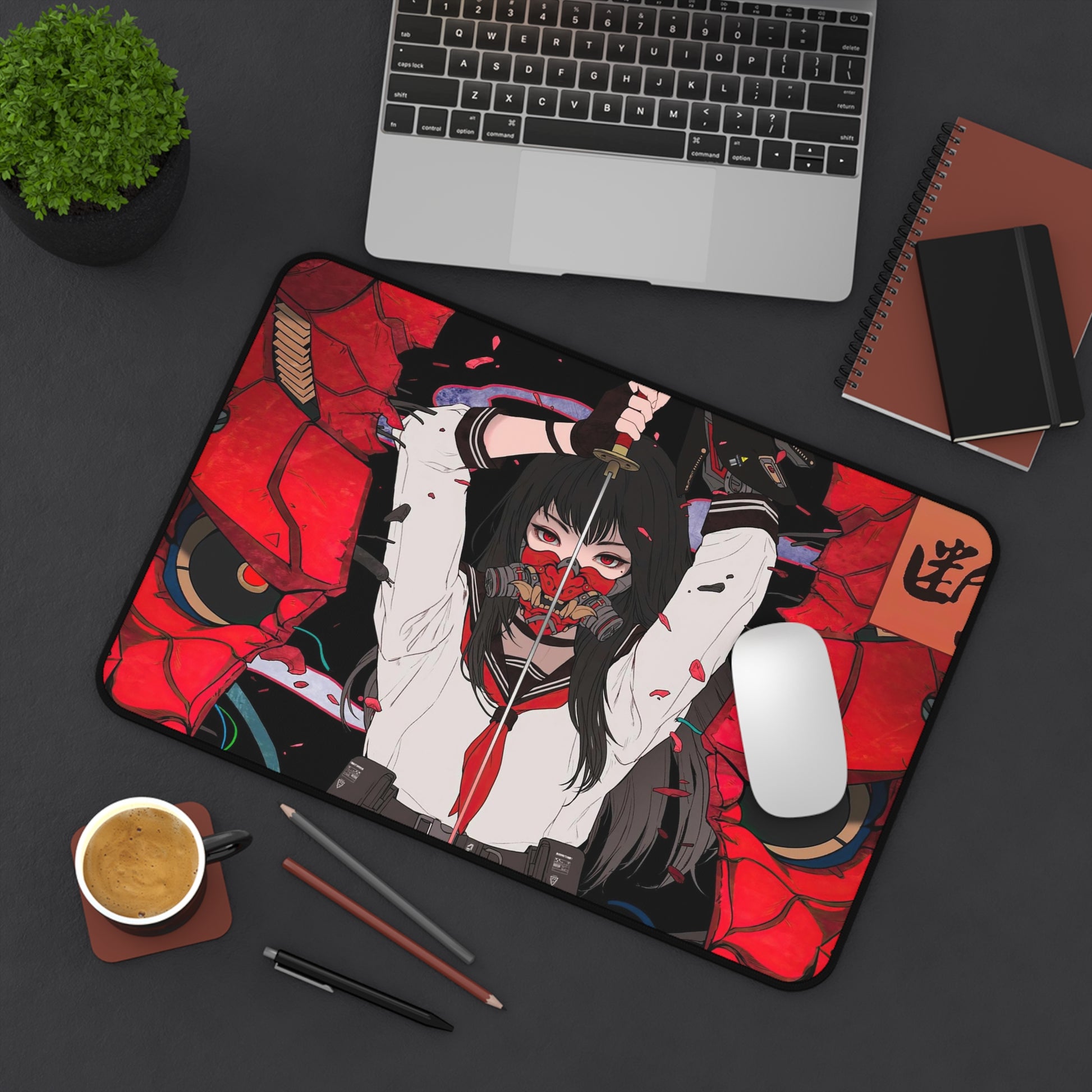 Anime girl cyber samurai Desk Mat, Gaming keyboard matt, mousepad large, XXL extended deskpad mouse pad - Bold Print