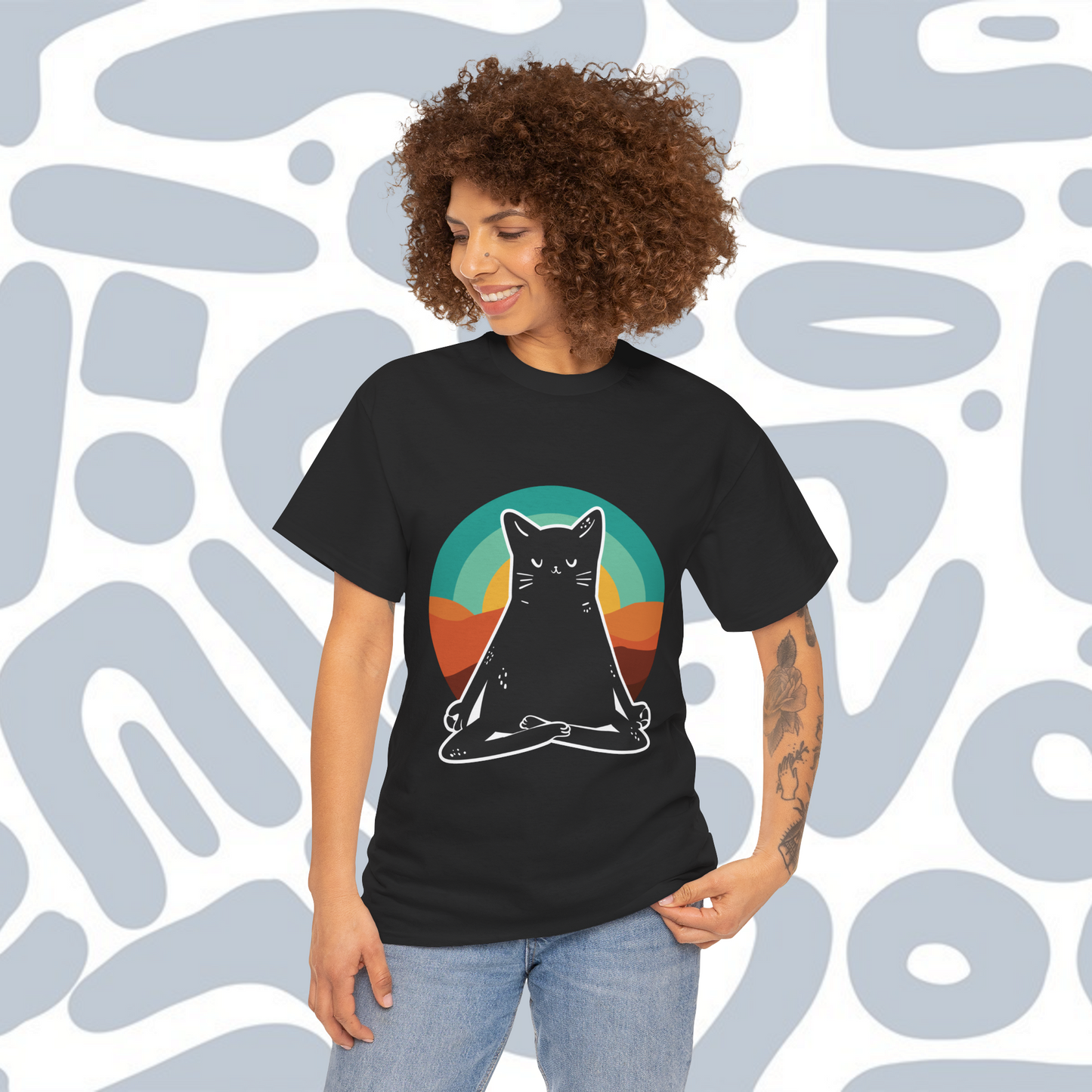 Black Cat in Yoga Position Retro T-Shirt, Funny Unisex tee