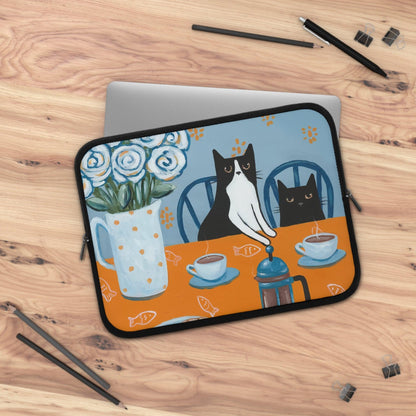 Laptop sleeve macbook or any laptop with print Cats and a French Press, - Bolt Print