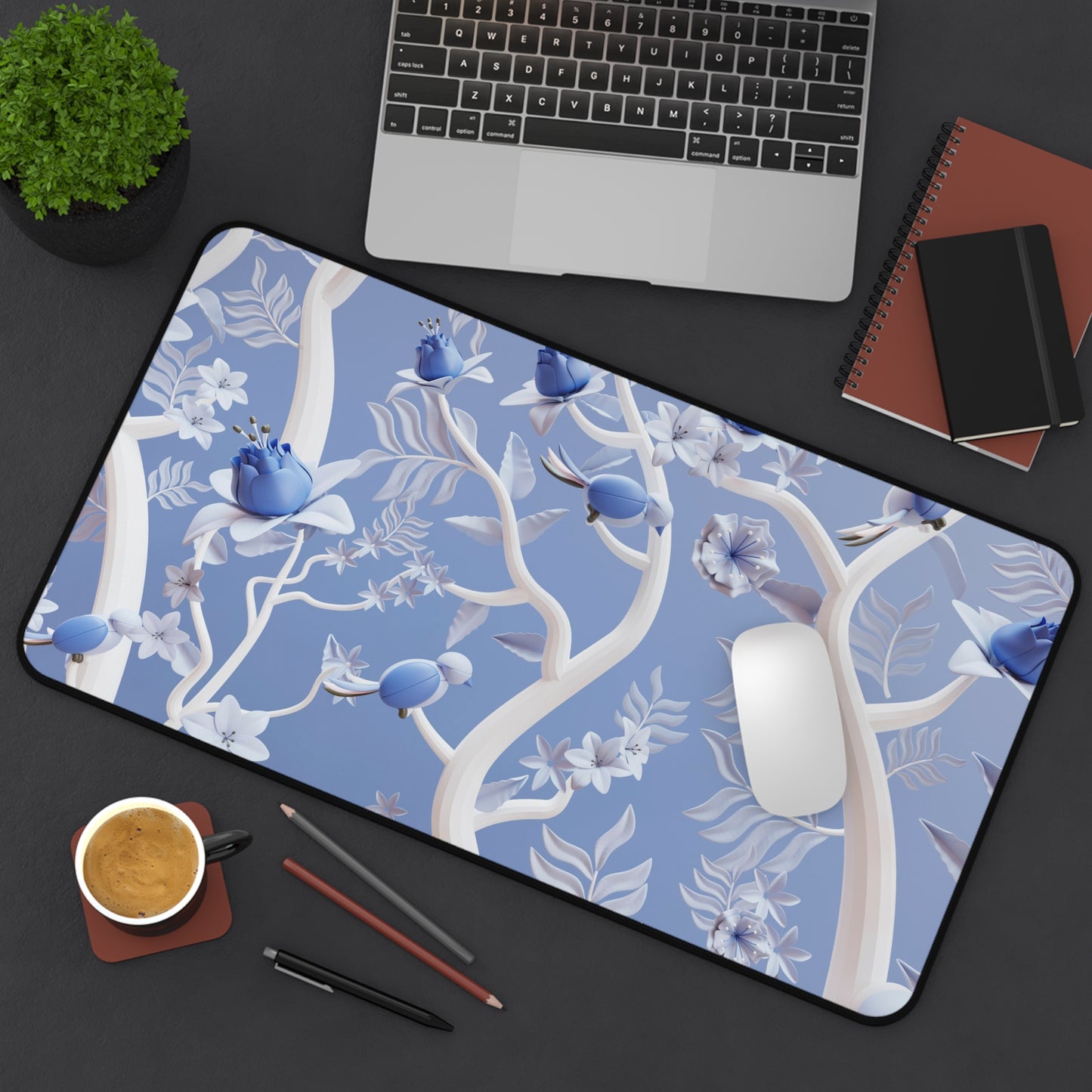 Blue flowers Desk Mat, Gaming keyboard matt, mousepad large, XXL extended deskpad mouse pad