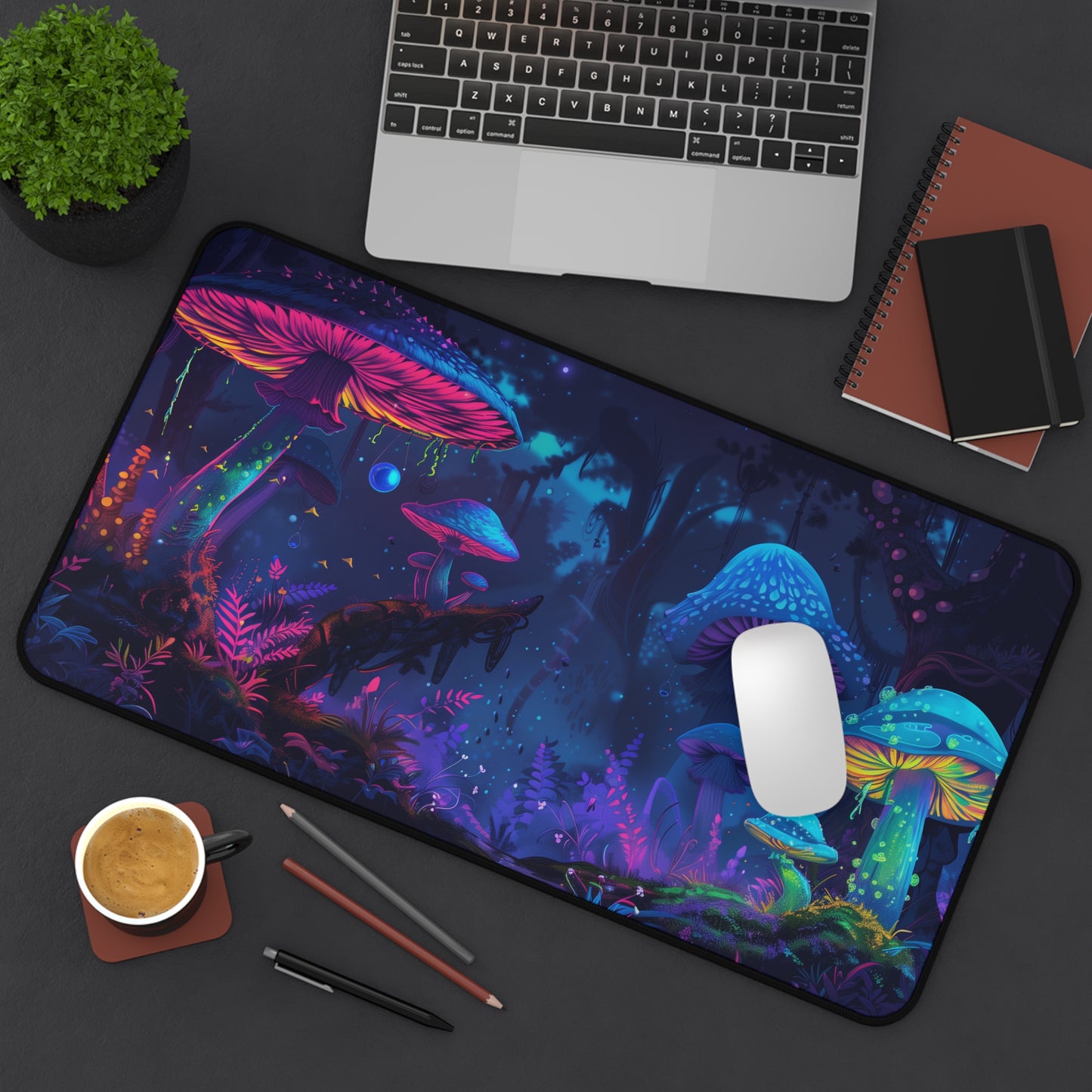 neon mushrooms Desk Mat, Psychedelic gaming mouse mat, XXL deskpad mouse pad