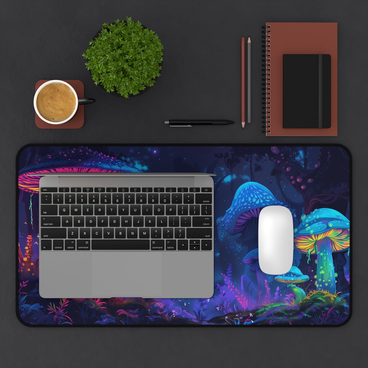 neon mushrooms Desk Mat, Psychedelic gaming mouse mat, XXL deskpad mouse pad