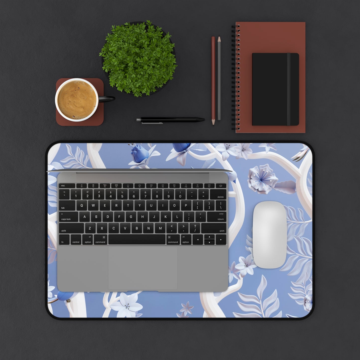 Blue flowers Desk Mat, Gaming keyboard matt, mousepad large, XXL extended deskpad mouse pad