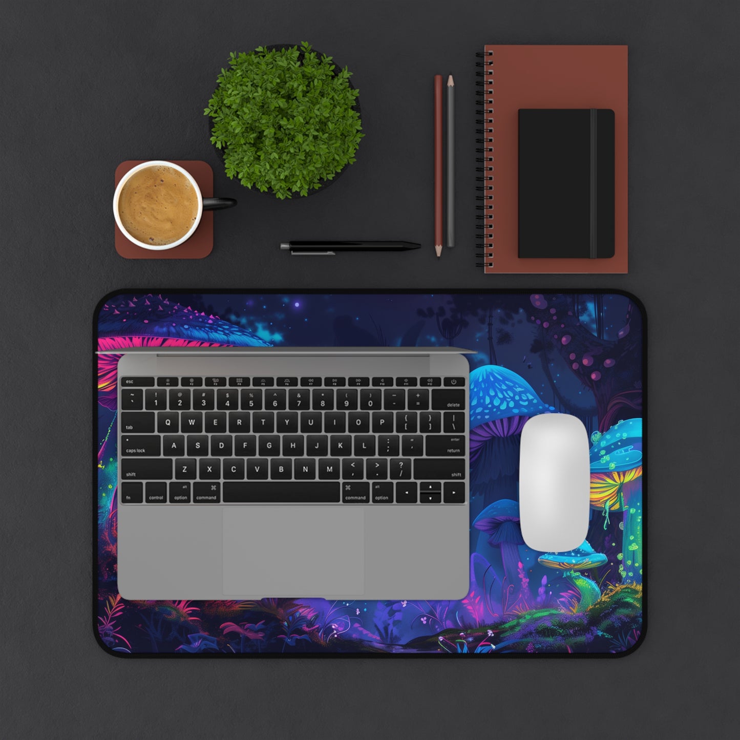 neon mushrooms Desk Mat, Psychedelic gaming mouse mat, XXL deskpad mouse pad