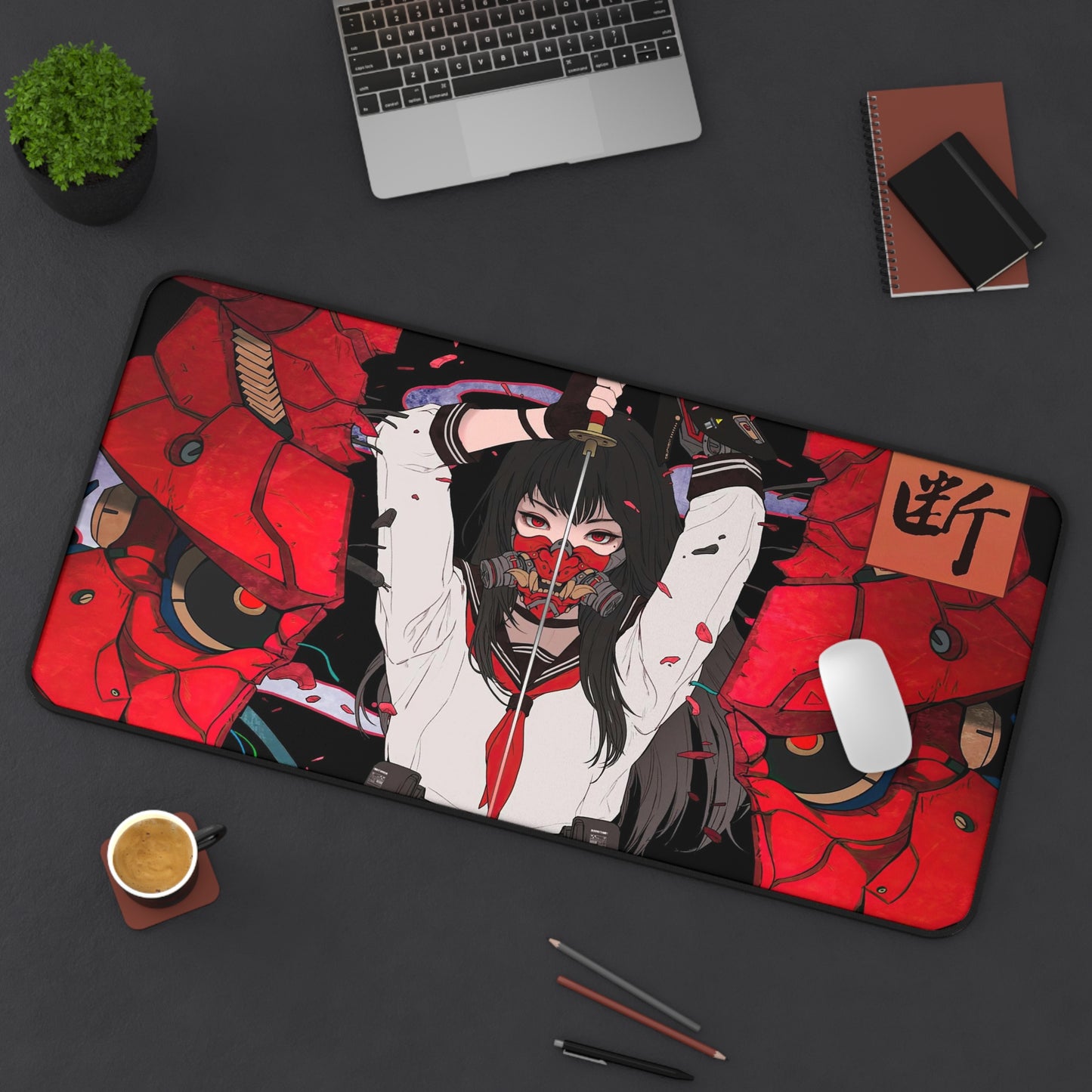 Anime girl cyber samurai Desk Mat, Gaming keyboard matt, mousepad large, XXL extended deskpad mouse pad - Bold Print