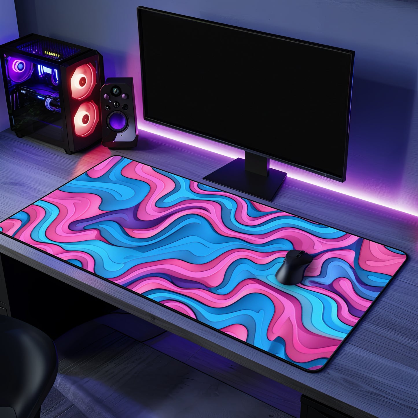 Abstract Pink Blue Waves Desk Mat