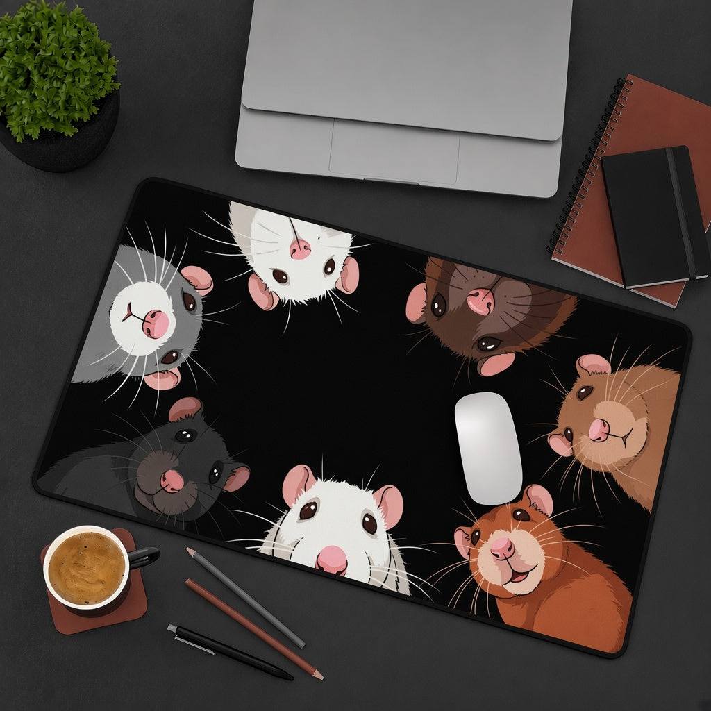 Cute Rats Peeking In on a Black Desk Mat