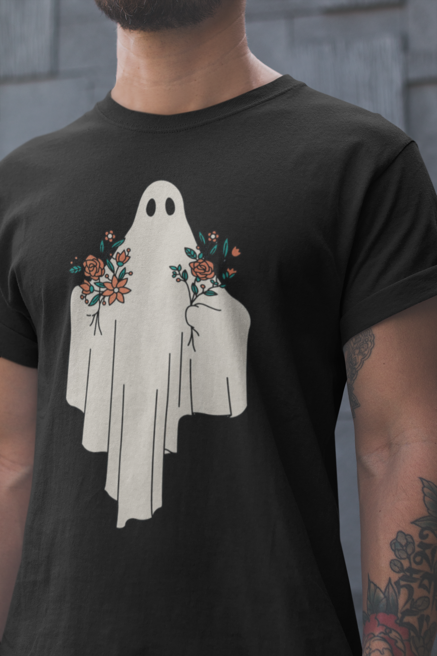 Ghost with flowers T-shirt, funny t-shirt, graphic shirts, unisex tshirt, printed T-shirt - Bold Print