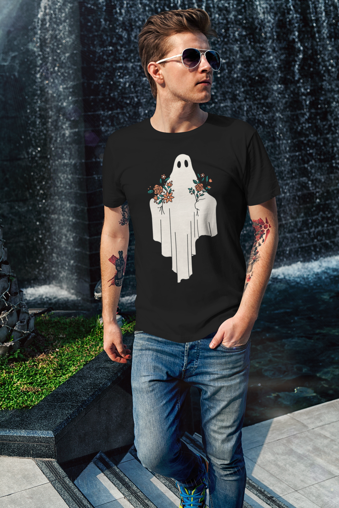 Ghost with flowers T-shirt, funny t-shirt, graphic shirts, unisex tshirt, printed T-shirt - Bold Print