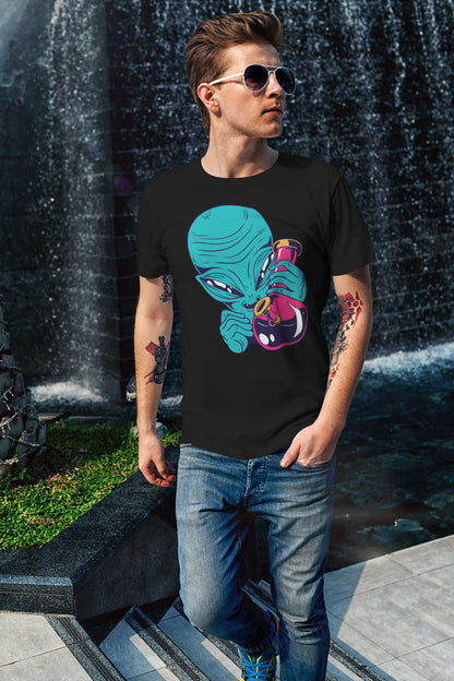 Alien with a flask T-shirt, funny t-shirt, graphic shirts, unisex tshirt, printed T-shirt - Bold Print