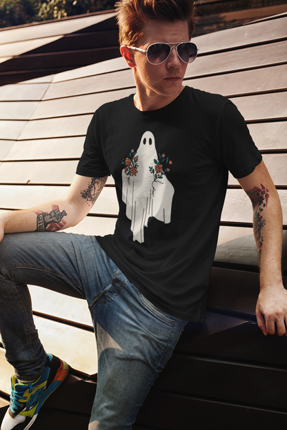 Ghost with flowers T-shirt, funny t-shirt, graphic shirts, unisex tshirt, printed T-shirt - Bold Print