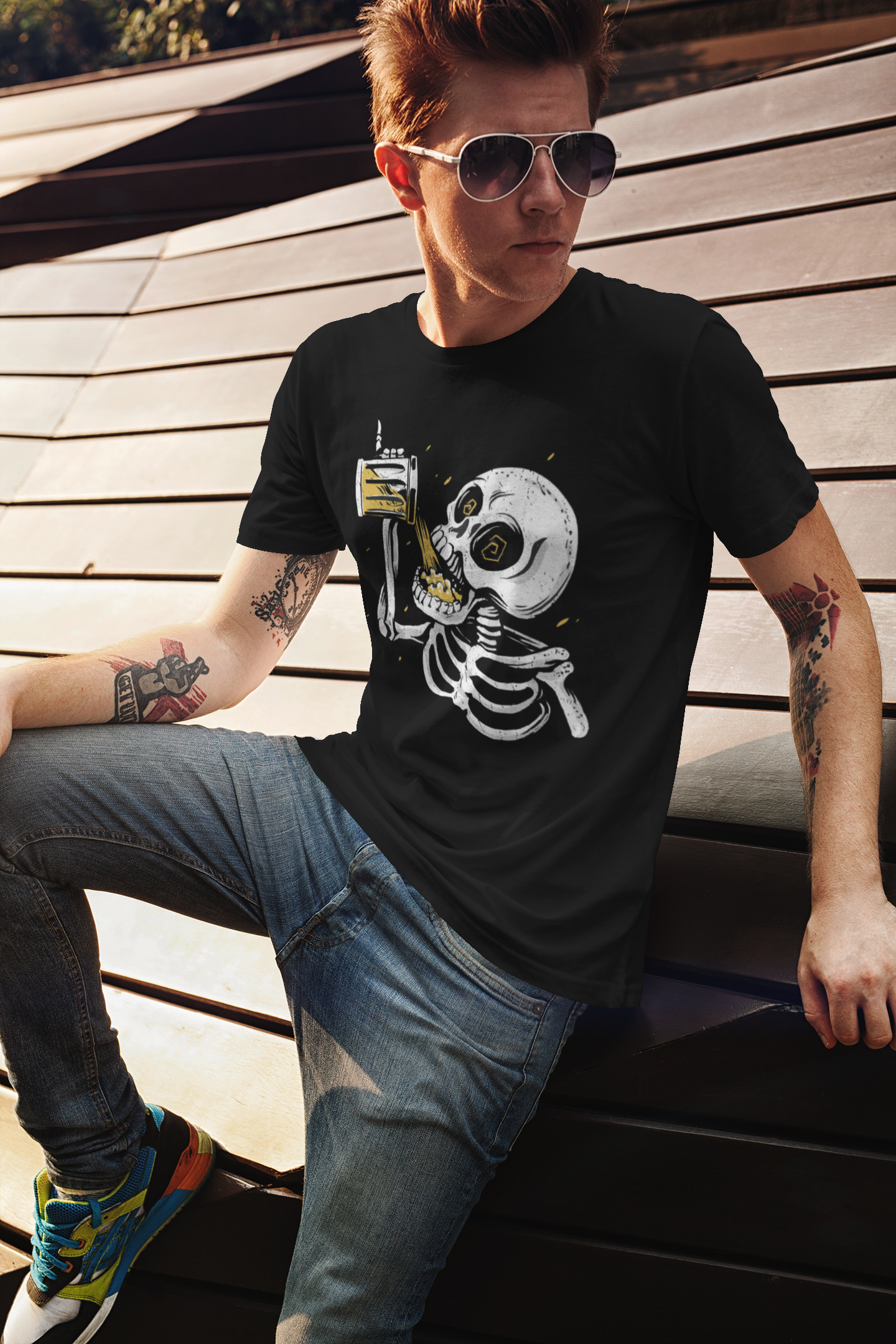 drinking skeleton T-shirt, funny t-shirt, graphic shirts, unisex tshirt, printed T-shirt - Bold Print