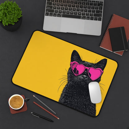 Cool Black Cat in Pink Heart Sunglasses Desk Mat