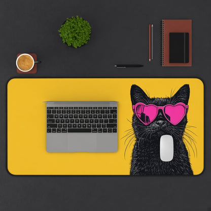 Cool Black Cat in Pink Heart Sunglasses Desk Mat